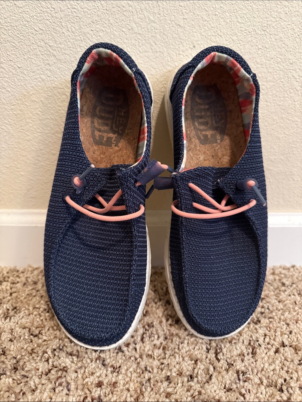 Hey Dude Navy Knit Sneakers with Coral Laces